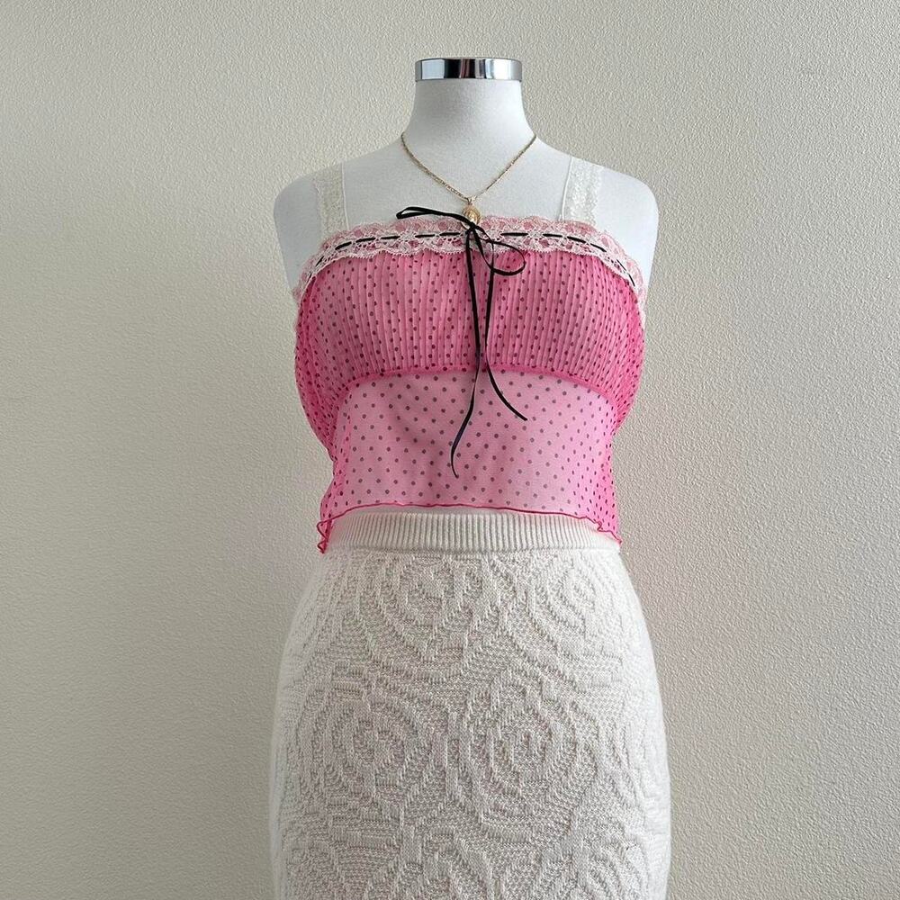 handmade pink and black sheer mesh polka dot lace trim camisole